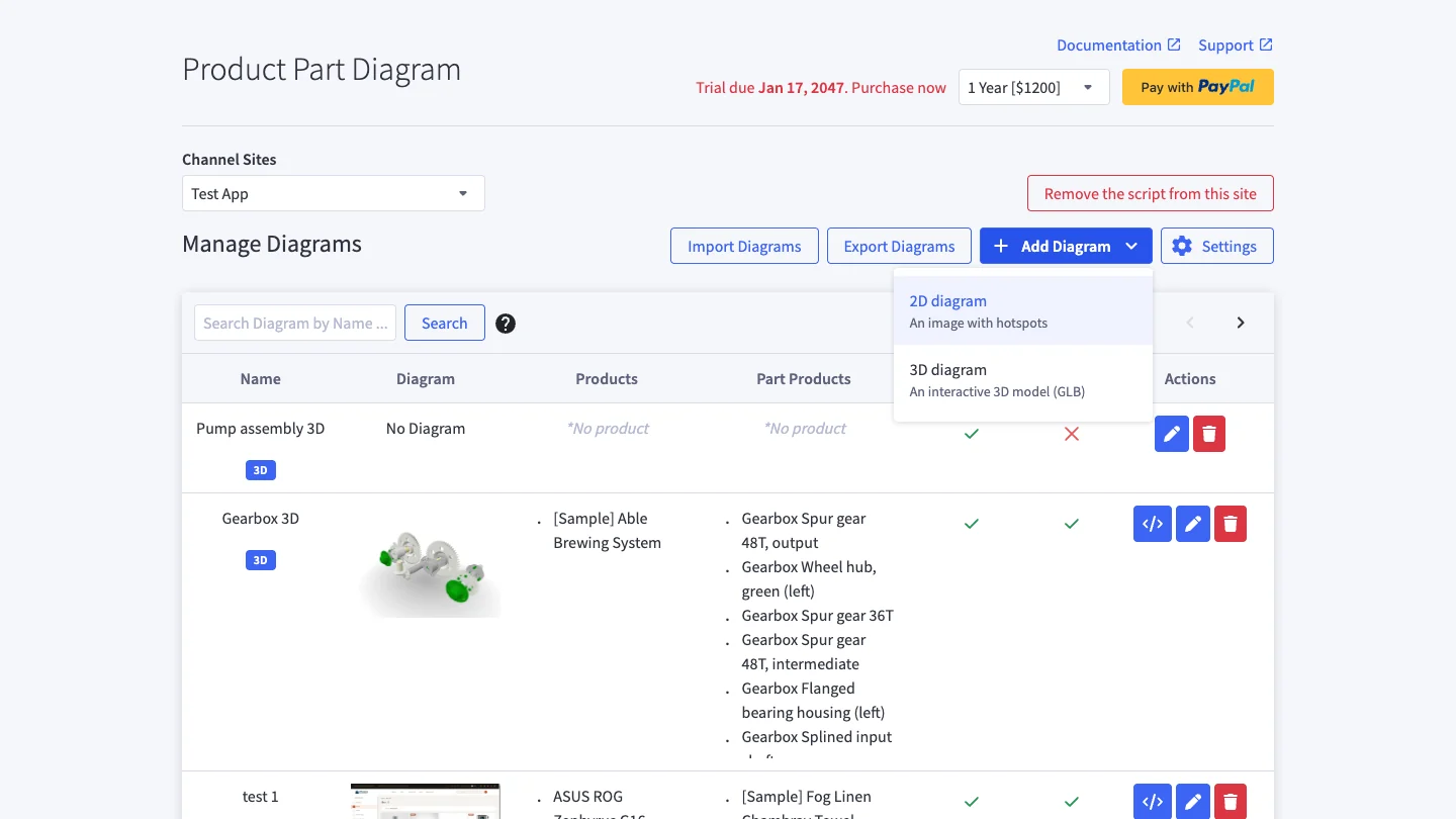 Add Diagram menu with 2D diagram and 3D diagram options