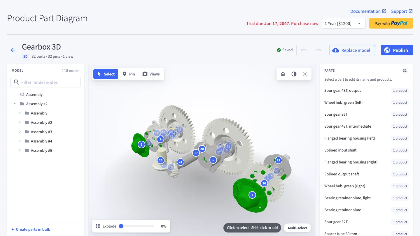 3D editor: model tree, 3D view and parts panel
