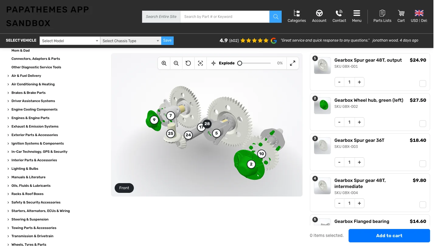 Product page with the 3D diagram and the parts list