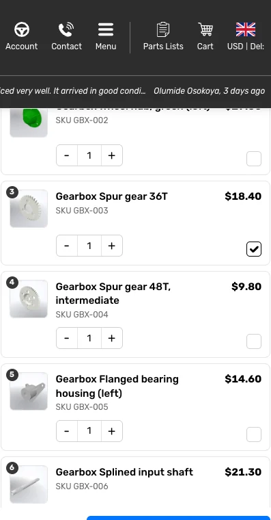 Parts list with parts selected