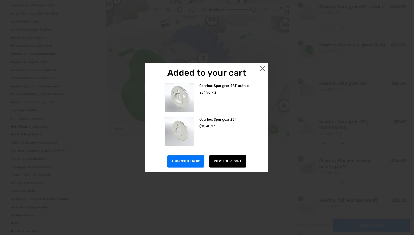 Parts added to the cart
