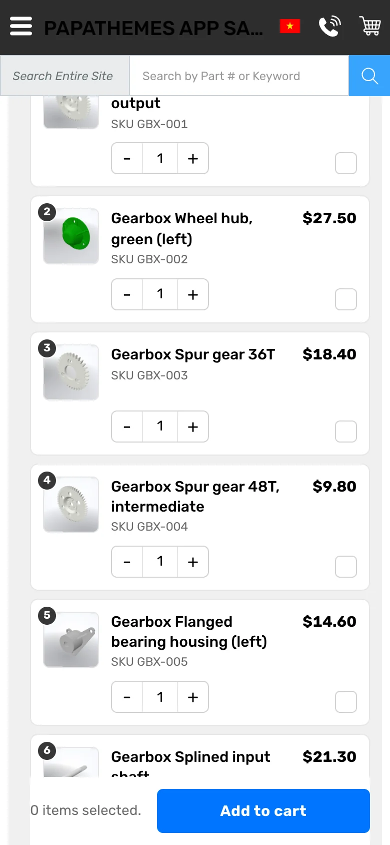 Parts as cards on a phone
