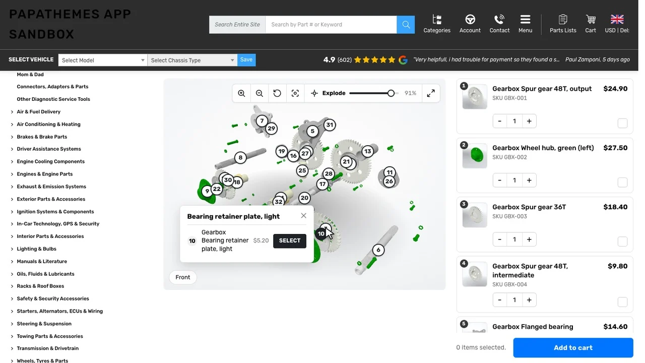 Shopper clicks a part on the 3D model to see its product and price