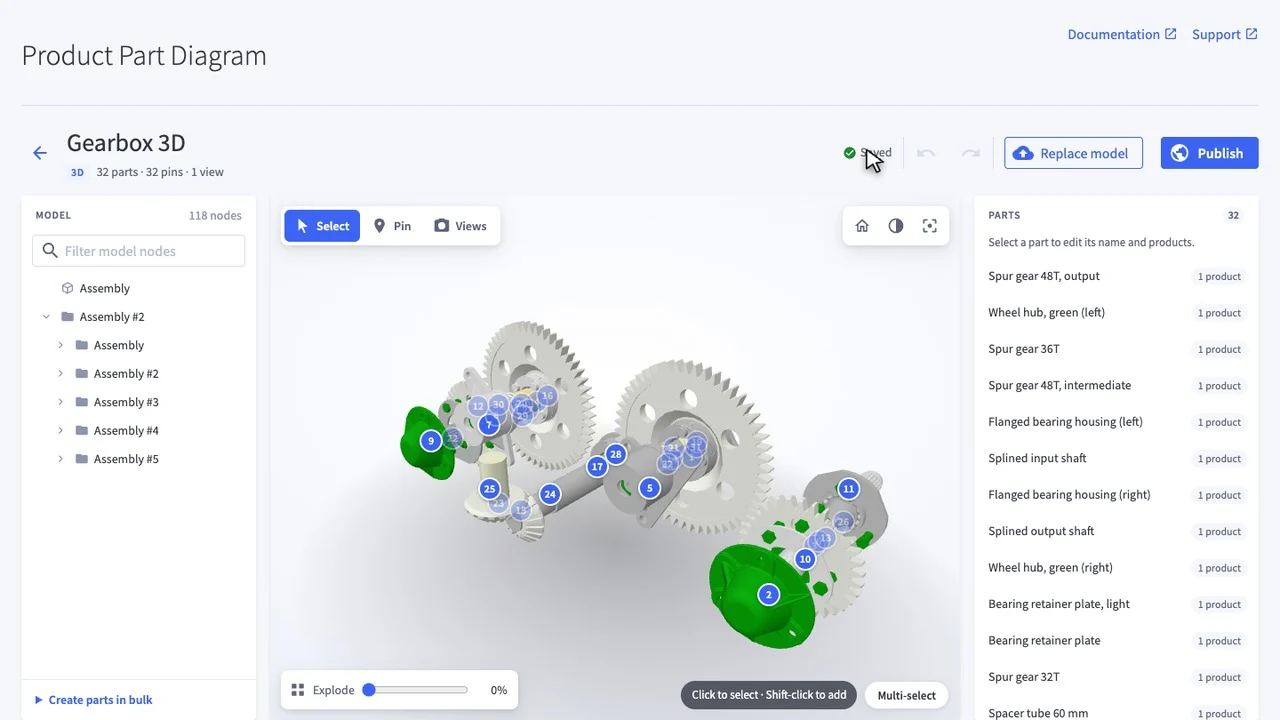 The 3D diagram editor in the Product Part Diagrams app: model tree, 3D view and parts list