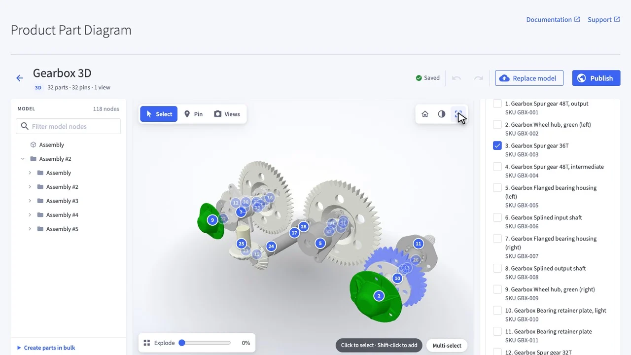 Highlight parts in the 3D editor shows which parts are linked to products