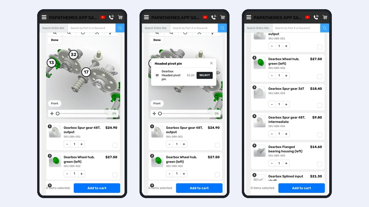 3D parts diagram on three phone screens: model with pins, part card, and parts list